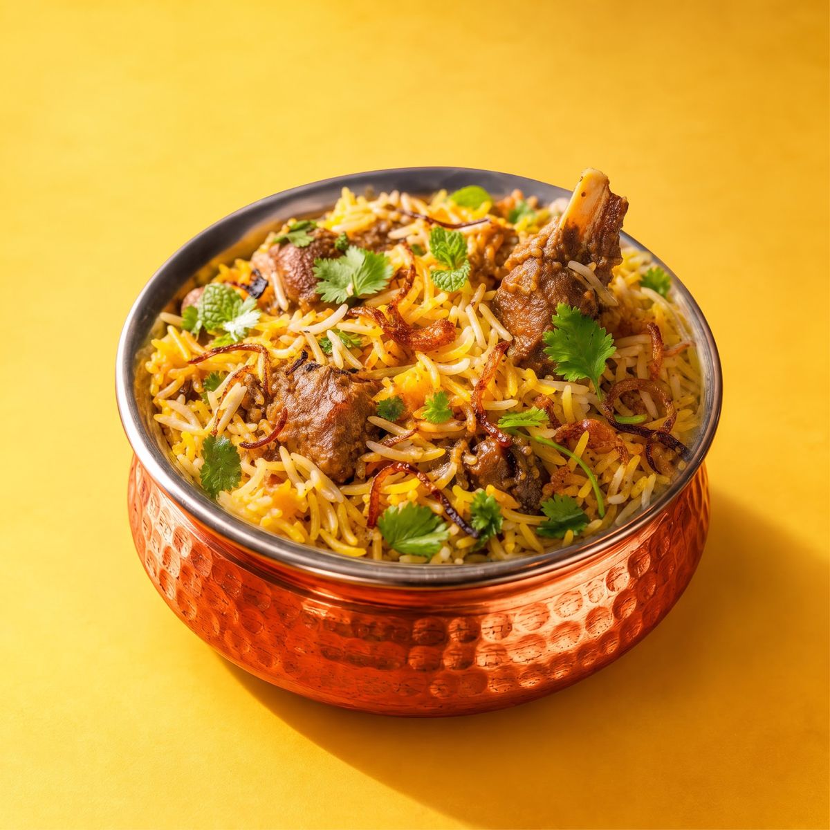 Chicken biryani in a copper pot