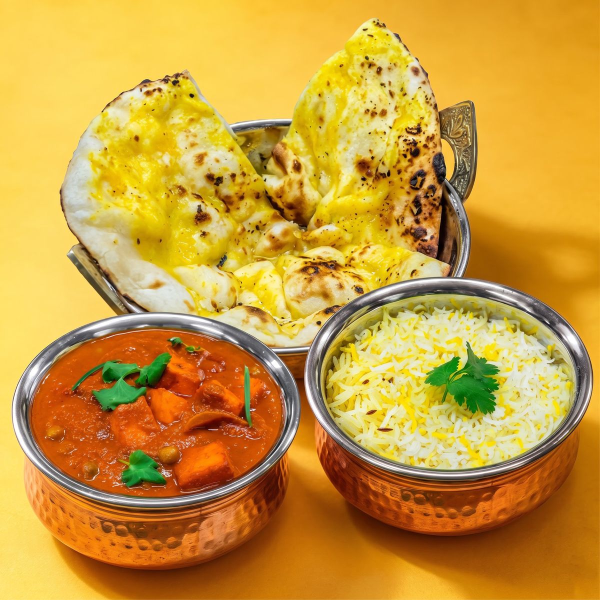 Curry, rice and naan to share